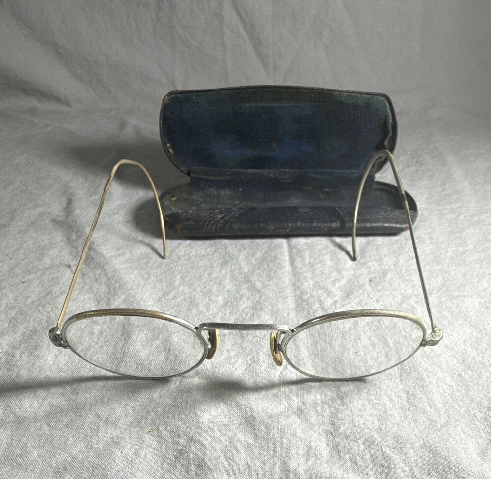 Antique American Optical Wire Rim Spectacles Oval Saddle Bridge w/ Case Vtg 1890